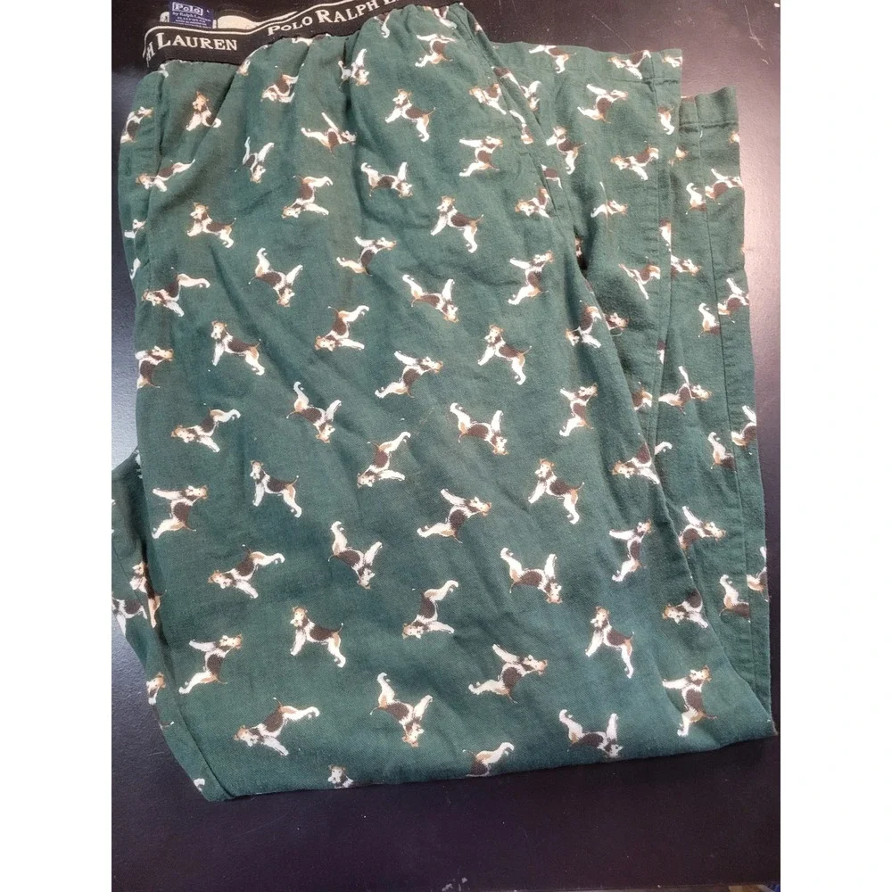 Polo Ralph Lauren Mens Pajama Pants Green Dog Print Cotton Sleepwear Large L